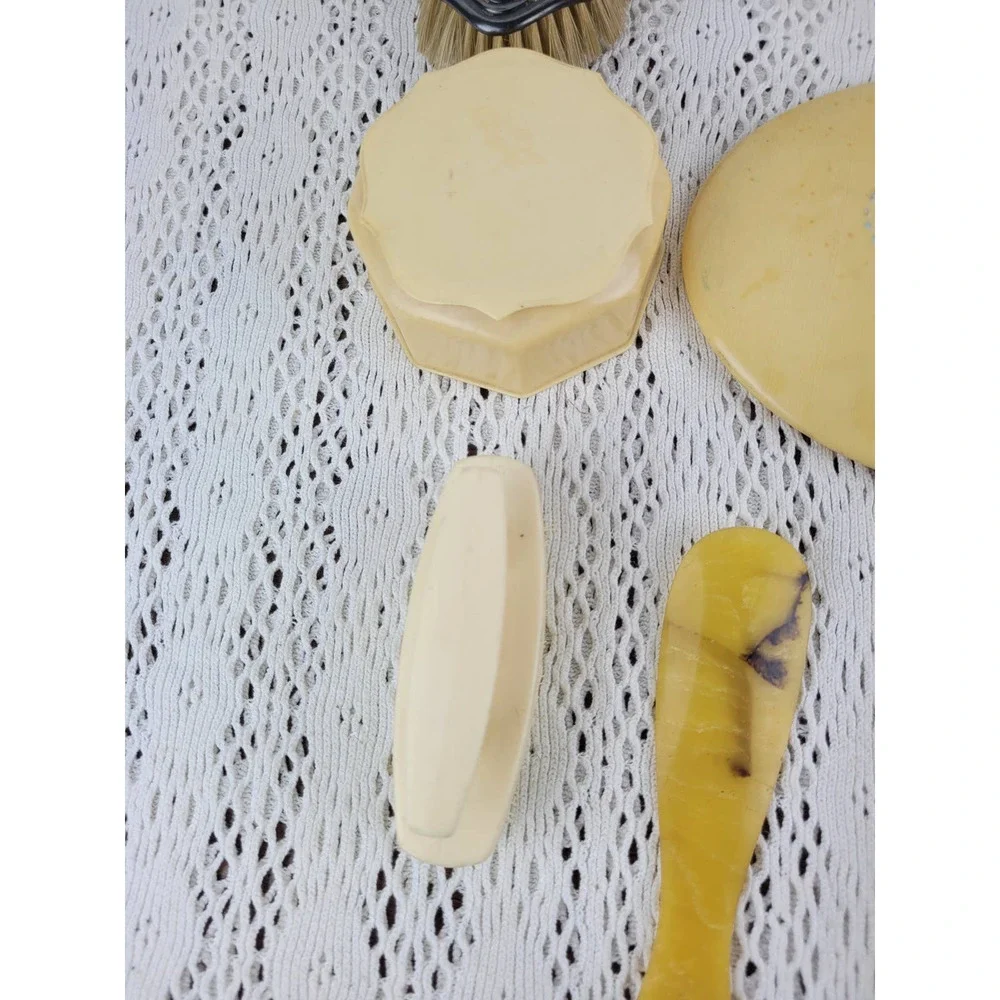 Vintage Celluloid or Pyralin Brush Frame Mirror Shoe Horn Nail Vanity Set of 11